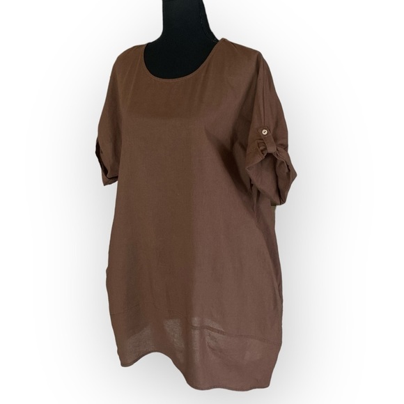 Casual Cotton Flax Loose Fit Dress, Swim Coverup, with Pockets Brown Size Medium - Picture 3 of 11